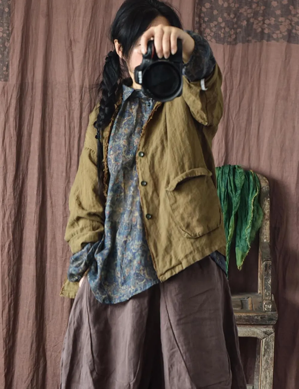 NFYM Womens Fall Linen Jacket Hippie Frayed Raw Hem Outerwear Clothes Lightweight Coats with Pockets