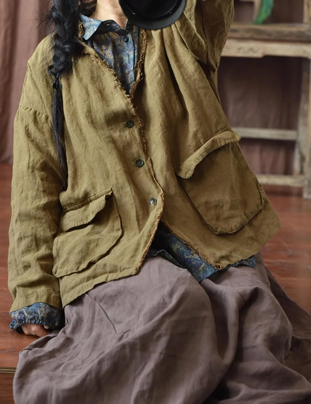 NFYM Womens Fall Linen Jacket Hippie Frayed Raw Hem Outerwear Clothes Lightweight Coats with Pockets