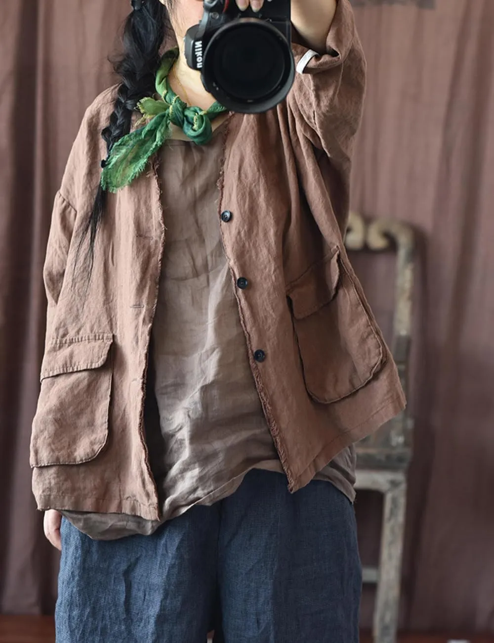 NFYM Womens Fall Linen Jacket Hippie Frayed Raw Hem Outerwear Clothes Lightweight Coats with Pockets