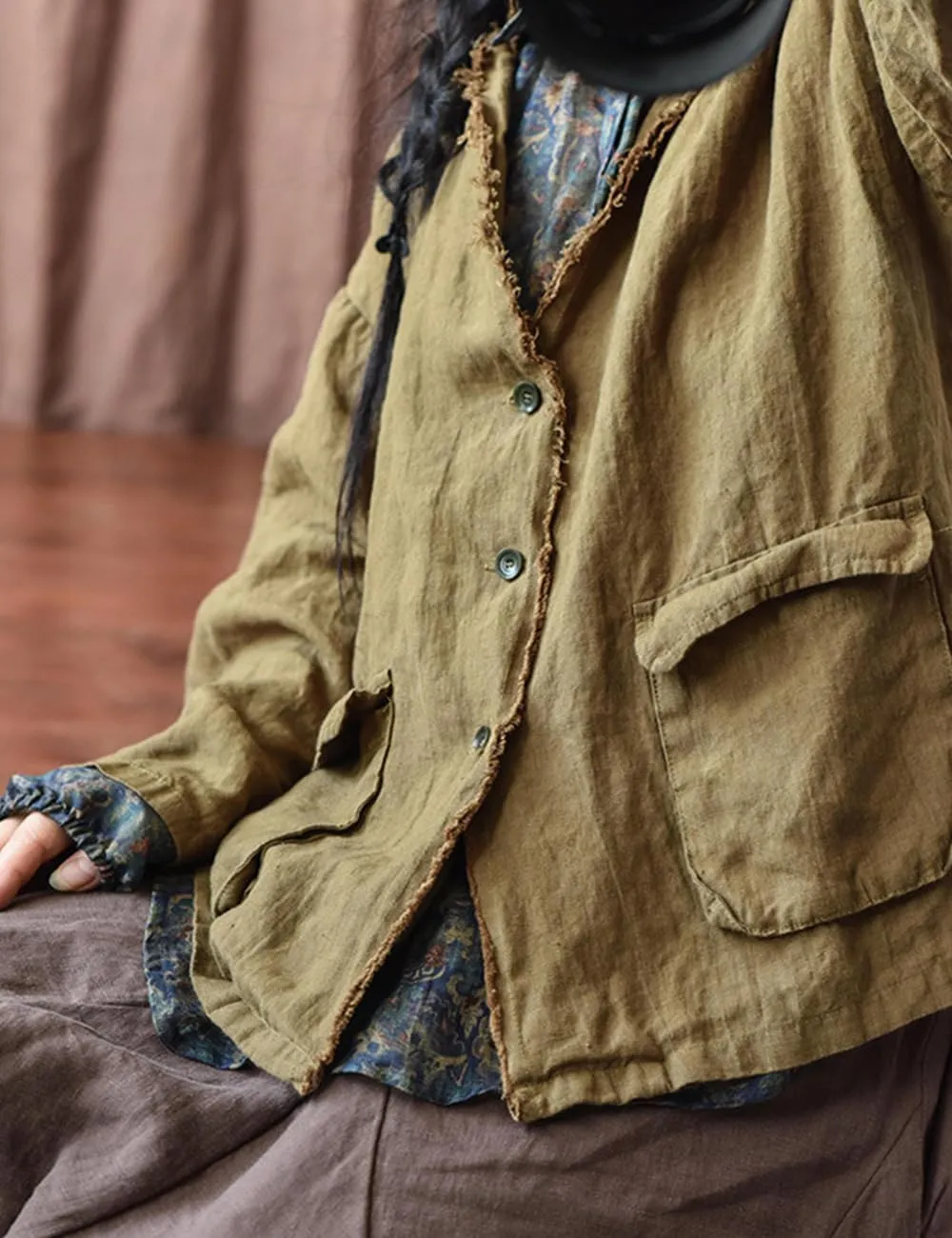 NFYM Womens Fall Linen Jacket Hippie Frayed Raw Hem Outerwear Clothes Lightweight Coats with Pockets