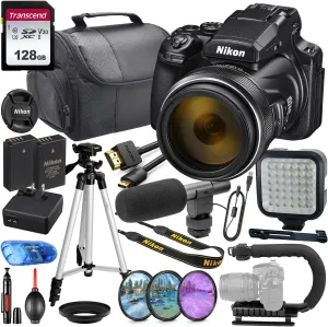 Nikon COOLPIX P1000 Digital Camera MFR #26522 Video Making Bundle   128GB High Speed V30 Memory   LED Light, Shotgun Mic, Video U-Bracket   Bag, HD Filters & More (Renewed)
