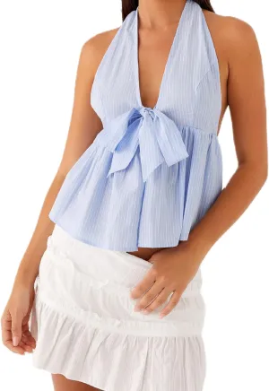 NUFIWI Sexy Stripe Peplum Halter Top Sleeveless Open Back Striped Camisole Tie Neck Ruffled A Line Cami Tank Tops