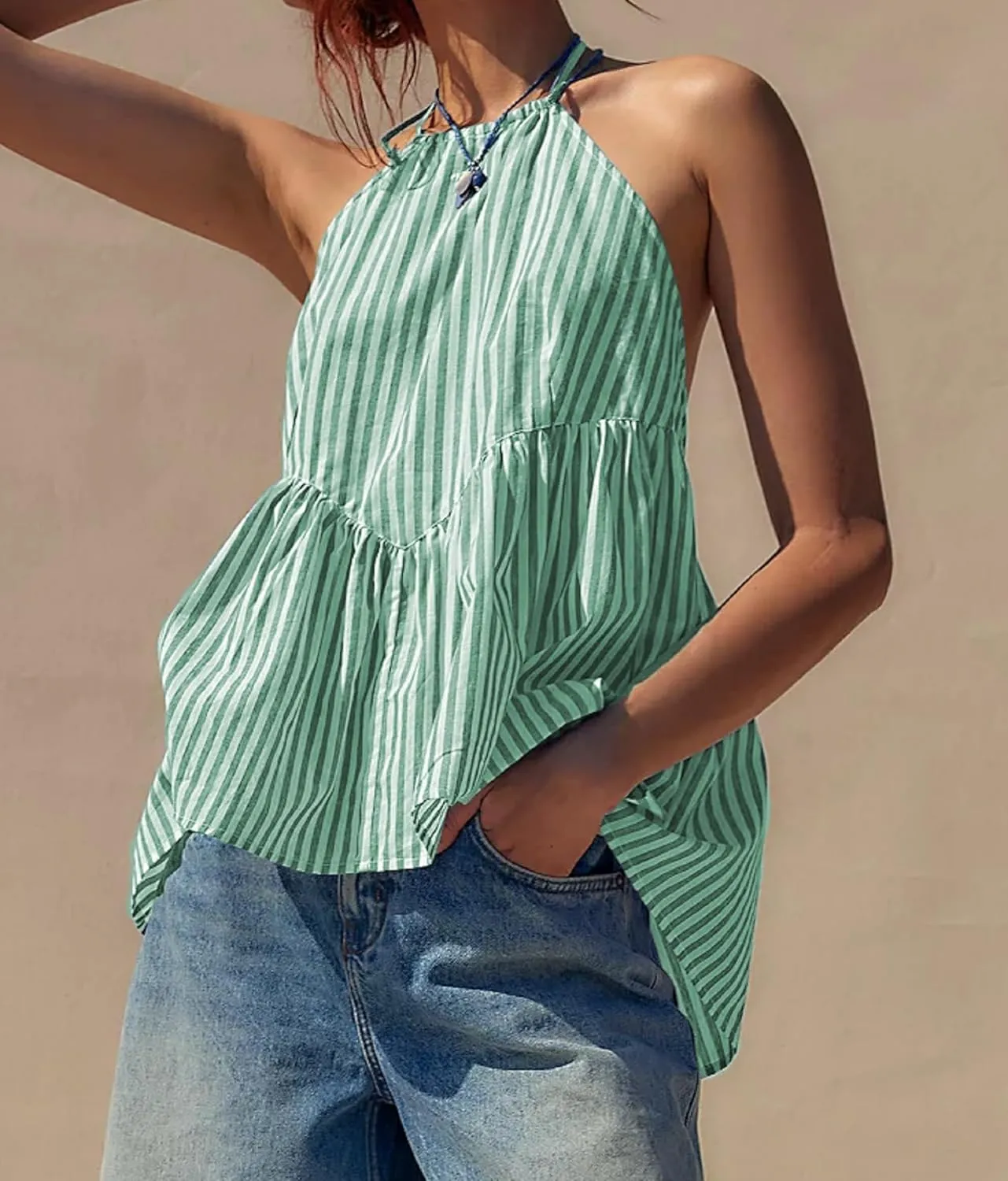 NUFIWI Sexy Stripe Peplum Halter Top Sleeveless Open Back Striped Camisole Tie Neck Ruffled A Line Cami Tank Tops