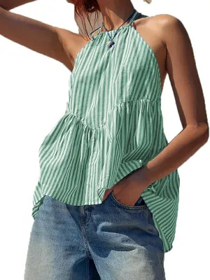 NUFIWI Sexy Stripe Peplum Halter Top Sleeveless Open Back Striped Camisole Tie Neck Ruffled A Line Cami Tank Tops