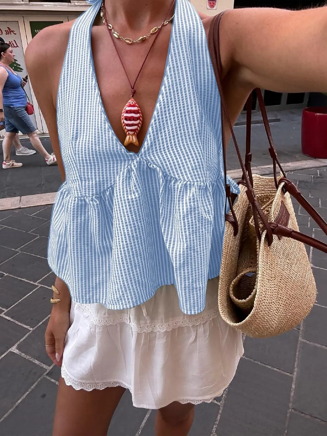 NUFIWI Sexy Stripe Peplum Halter Top Sleeveless Open Back Striped Camisole Tie Neck Ruffled A Line Cami Tank Tops