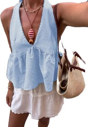 NUFIWI Sexy Stripe Peplum Halter Top Sleeveless Open Back Striped Camisole Tie Neck Ruffled A Line Cami Tank Tops