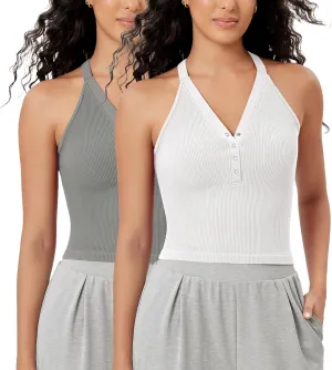 ODODOS 2-Pack Seamless Henley Crop for Women Open Back Ribbed Tank Button-up Cropped Top