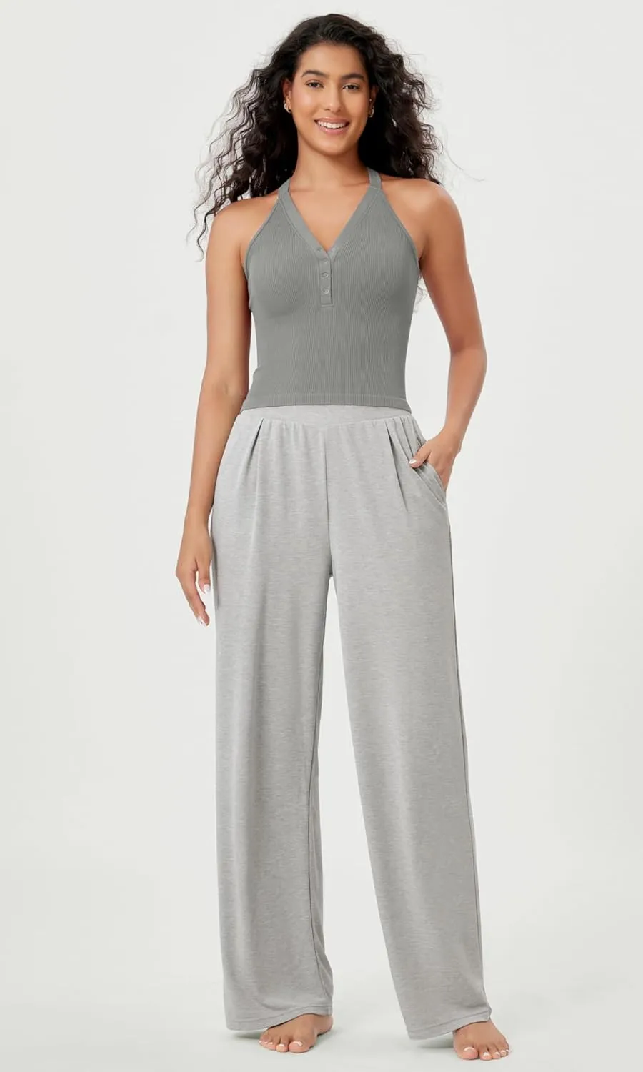 ODODOS 2-Pack Seamless Henley Crop for Women Open Back Ribbed Tank Button-up Cropped Top