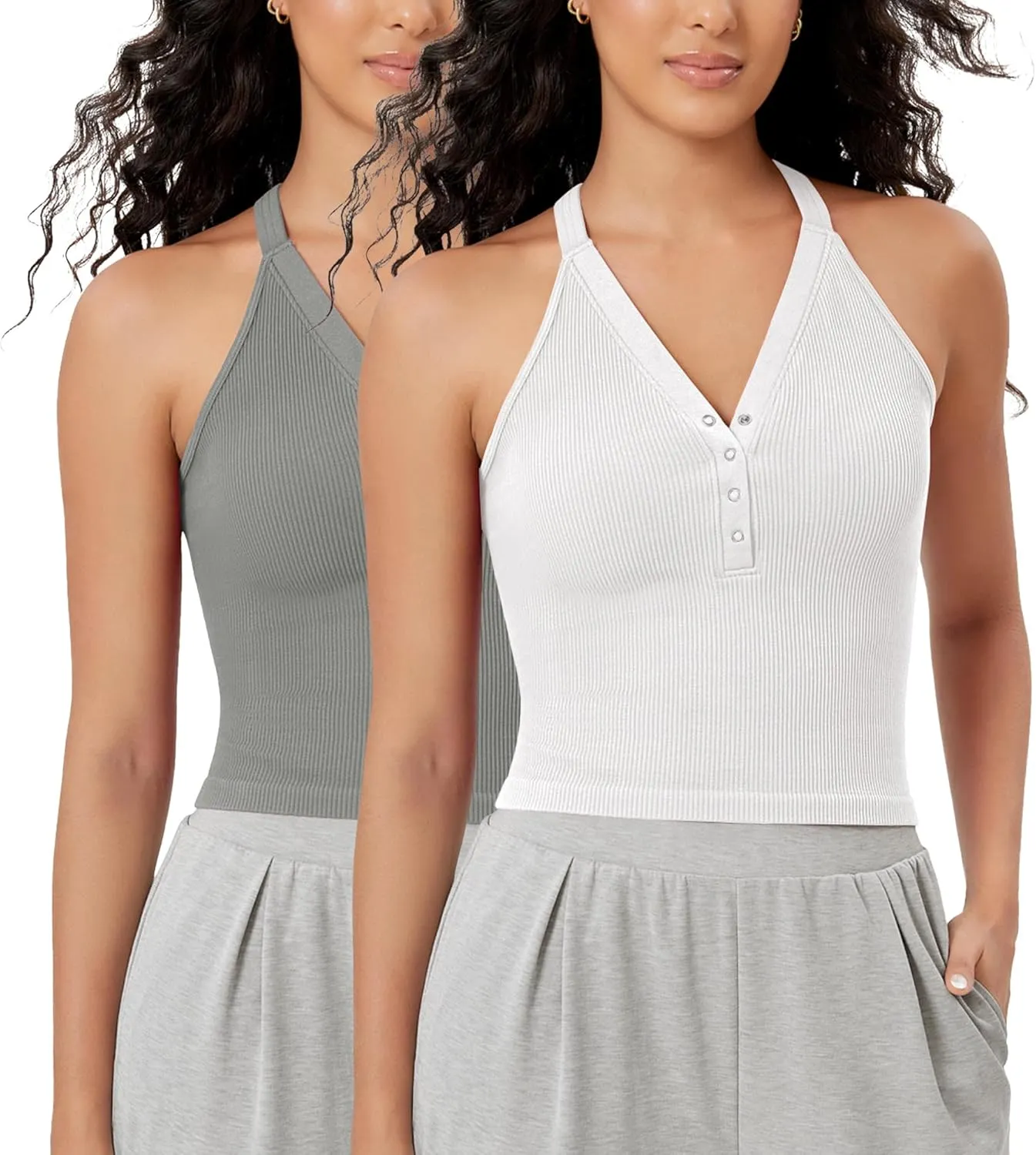 ODODOS 2-Pack Seamless Henley Crop for Women Open Back Ribbed Tank Button-up Cropped Top