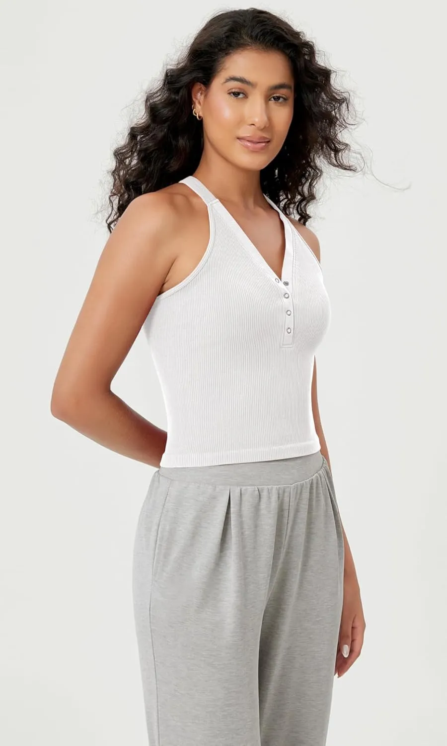 ODODOS 2-Pack Seamless Henley Crop for Women Open Back Ribbed Tank Button-up Cropped Top