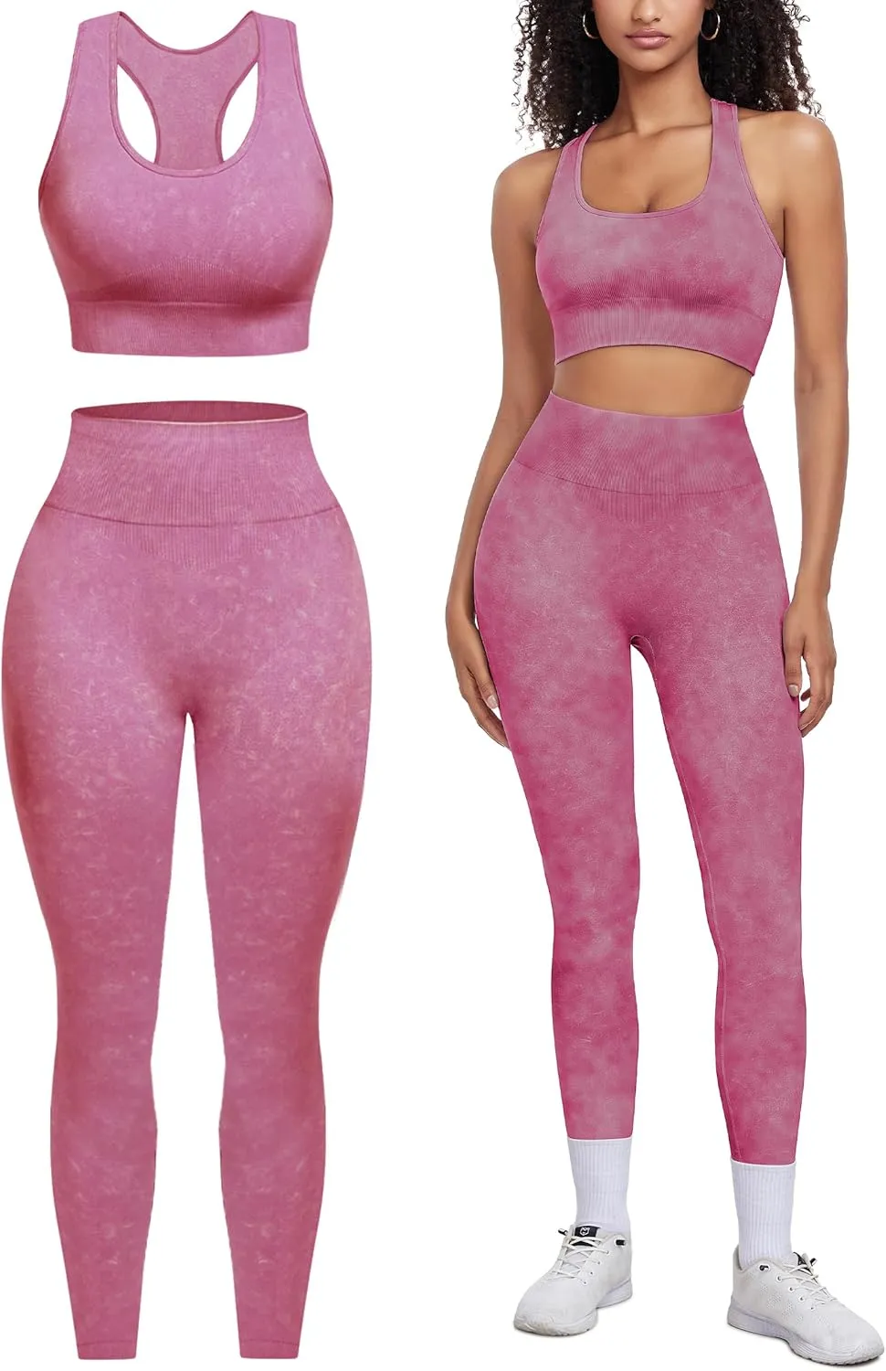 OLCHEE Womens Workout Sets 2 Piece - Acid Wash Seamless Yoga Outfits High Waist Leggings Padded Racerback Sports Bra Gym Set