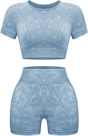 OLCHEE Womens Workout Sets 2 Piece - Seamless Acid Wash Yoga Outfits Shorts and Crop Top Matching Gym Athletic Clothing Set