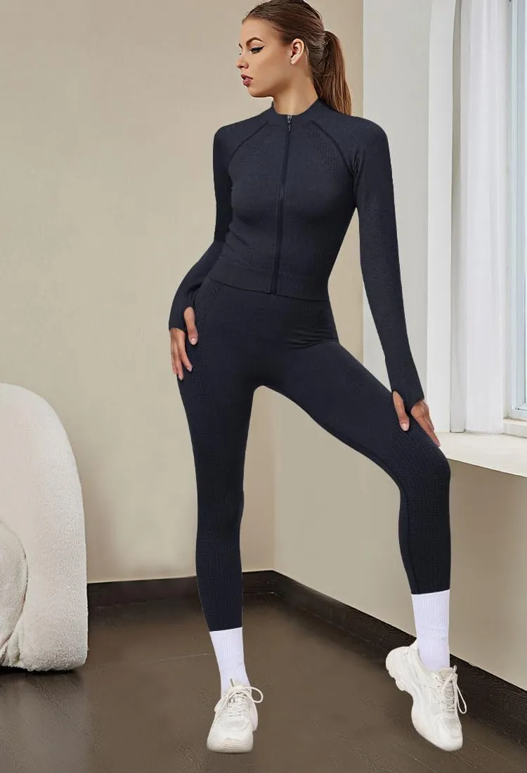 OLCHEE Womens Workout Sets 2 Piece - Seamless Yoga Outfits Long Sleeve Zipper Jacket High Waist Leggings Butt Lifting Gym Set