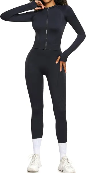 OLCHEE Womens Workout Sets 2 Piece - Seamless Yoga Outfits Long Sleeve Zipper Jacket High Waist Leggings Butt Lifting Gym Set