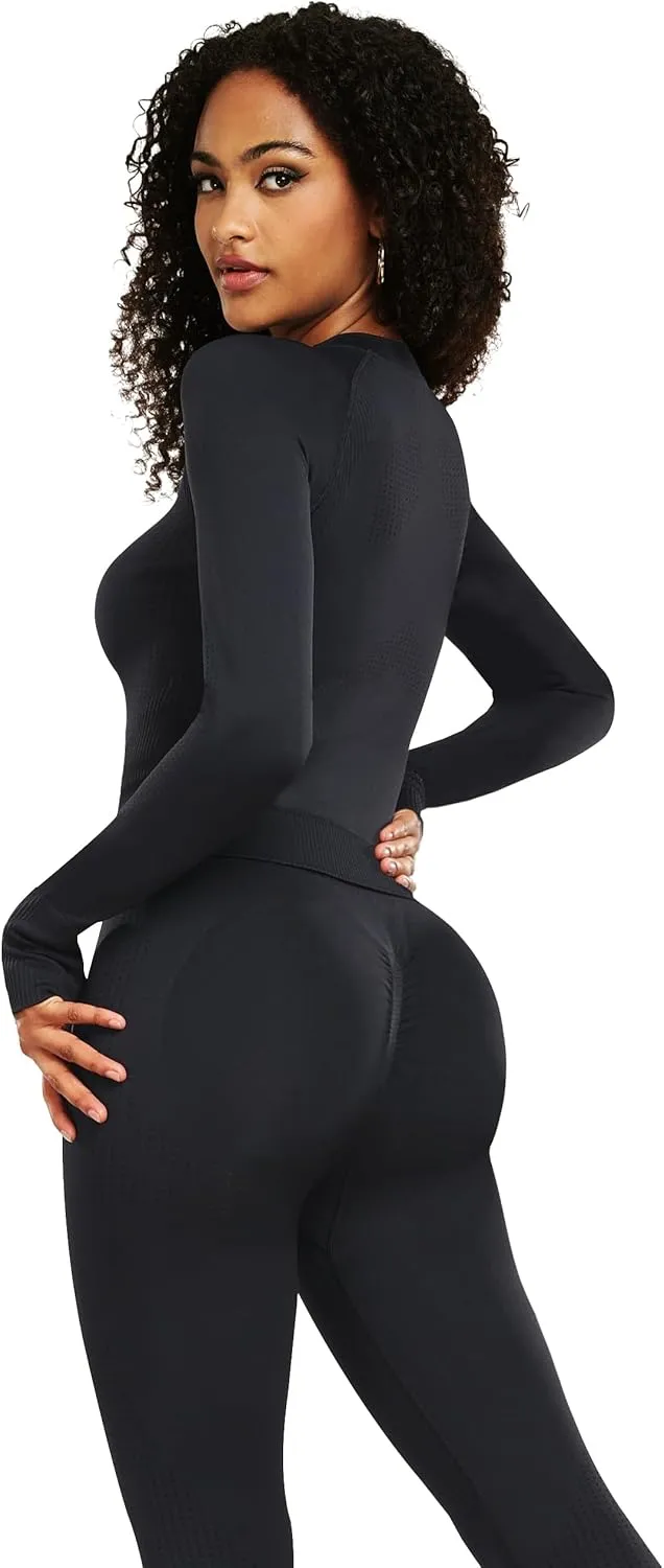 OLCHEE Womens Workout Sets 2 Piece - Seamless Yoga Outfits Long Sleeve Zipper Jacket High Waist Leggings Butt Lifting Gym Set