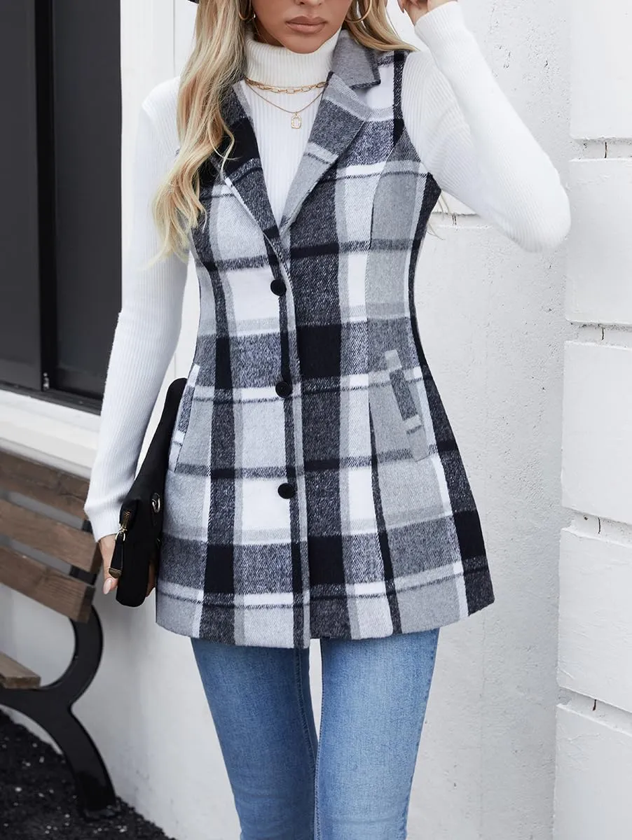 olrain Women Flannel Plaid Sleeveless Blazer Vest Lapel Neck Button Down Long Jacket Outwear Coat With Pockets Fall Winter