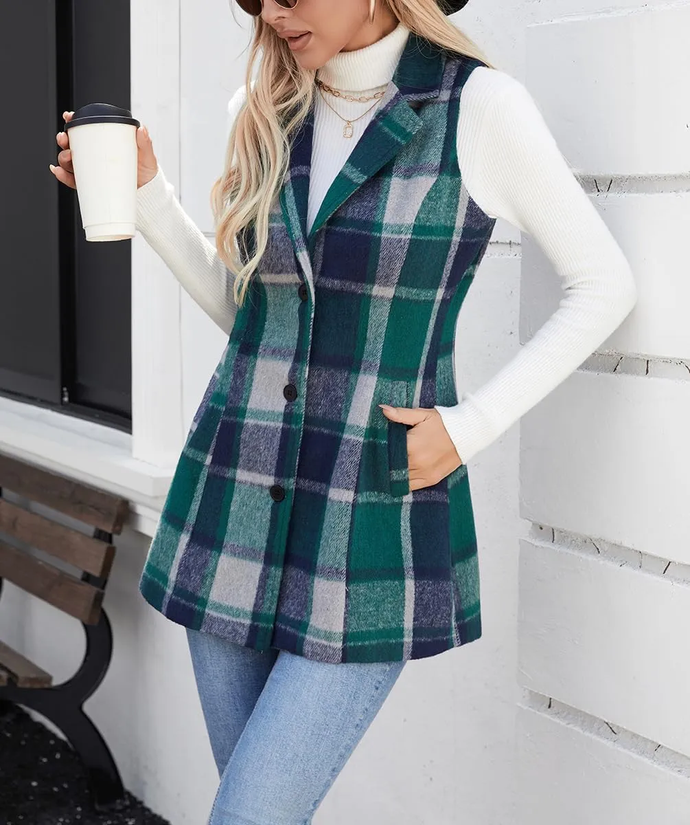olrain Women Flannel Plaid Sleeveless Blazer Vest Lapel Neck Button Down Long Jacket Outwear Coat With Pockets Fall Winter