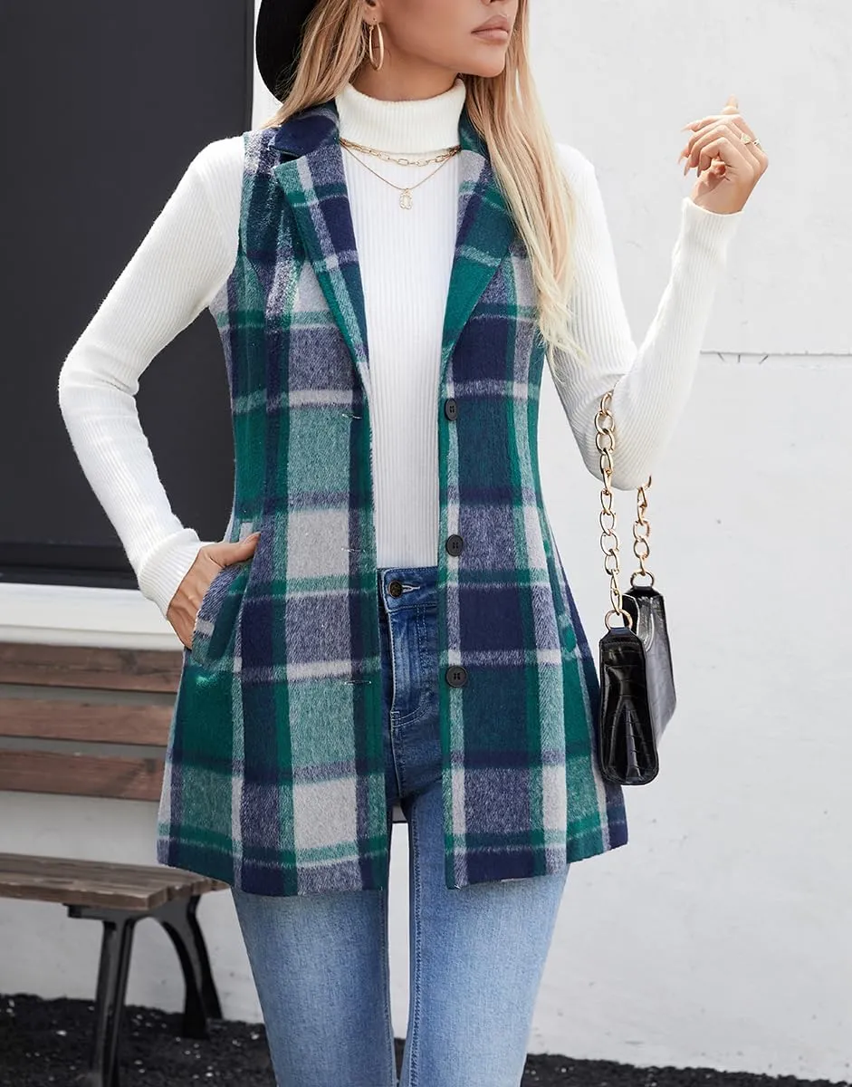 olrain Women Flannel Plaid Sleeveless Blazer Vest Lapel Neck Button Down Long Jacket Outwear Coat With Pockets Fall Winter