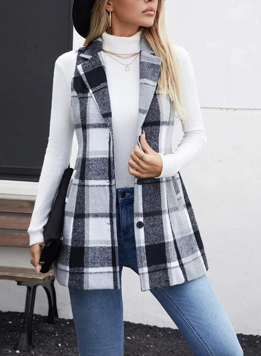 olrain Women Flannel Plaid Sleeveless Blazer Vest Lapel Neck Button Down Long Jacket Outwear Coat With Pockets Fall Winter