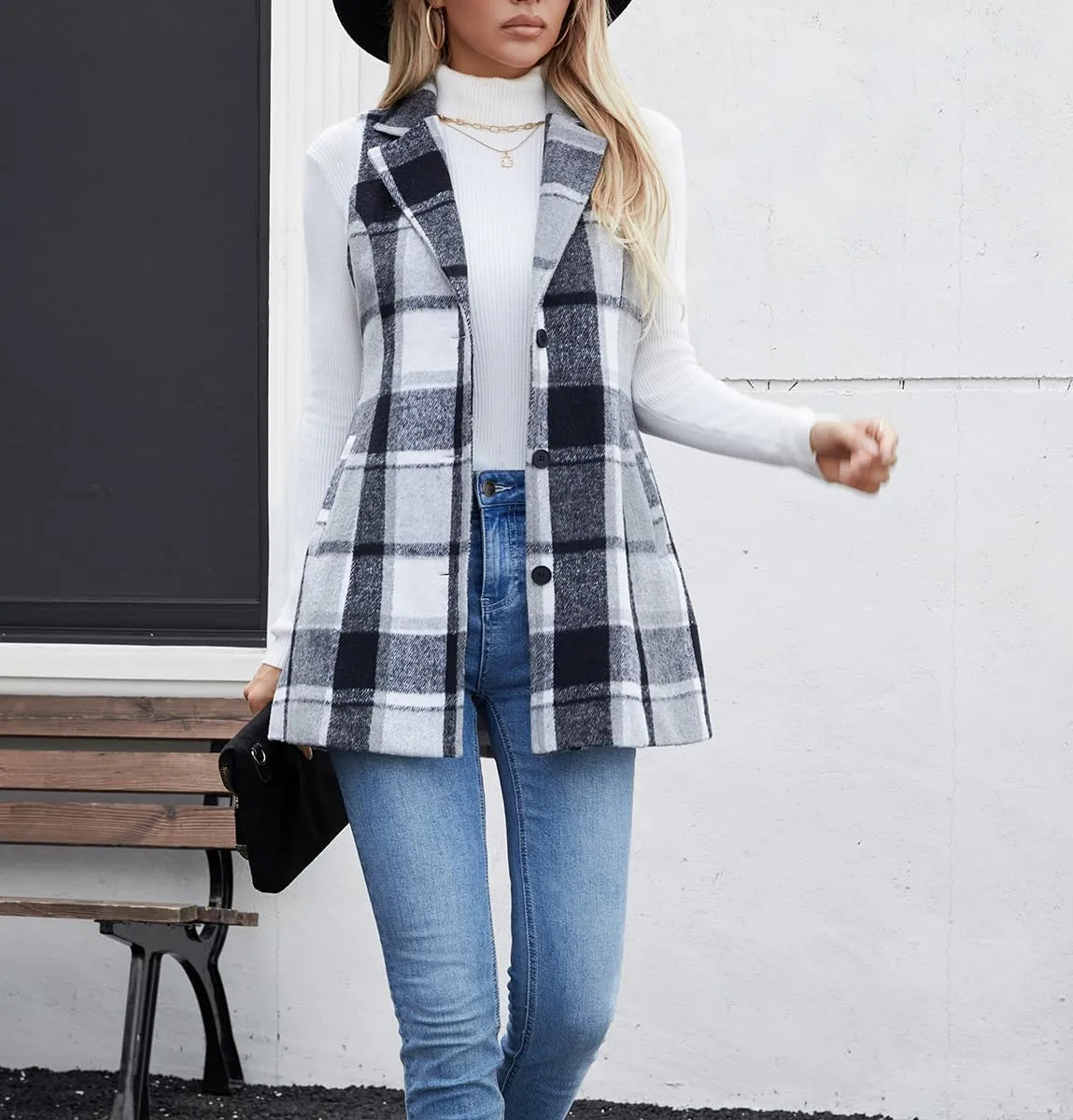 olrain Women Flannel Plaid Sleeveless Blazer Vest Lapel Neck Button Down Long Jacket Outwear Coat With Pockets Fall Winter
