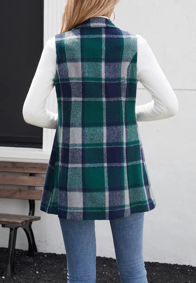 olrain Women Flannel Plaid Sleeveless Blazer Vest Lapel Neck Button Down Long Jacket Outwear Coat With Pockets Fall Winter
