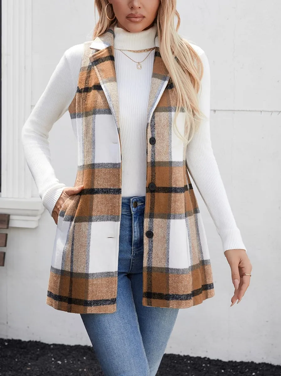 olrain Women Flannel Plaid Sleeveless Blazer Vest Lapel Neck Button Down Long Jacket Outwear Coat With Pockets Fall Winter