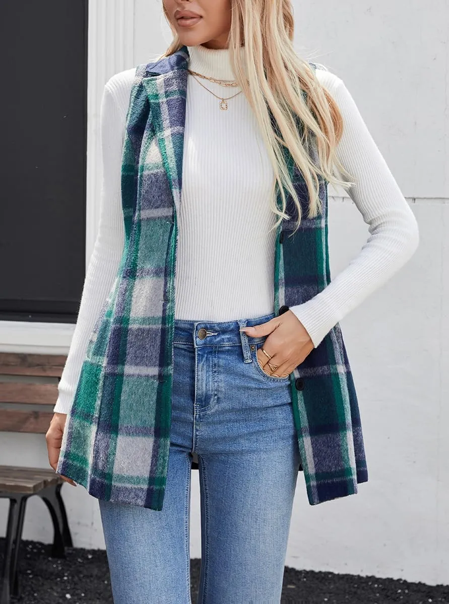 olrain Women Flannel Plaid Sleeveless Blazer Vest Lapel Neck Button Down Long Jacket Outwear Coat With Pockets Fall Winter