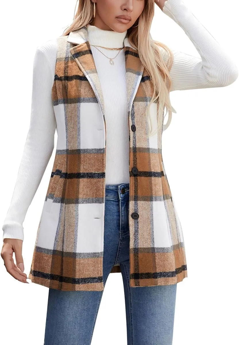 olrain Women Flannel Plaid Sleeveless Blazer Vest Lapel Neck Button Down Long Jacket Outwear Coat With Pockets Fall Winter