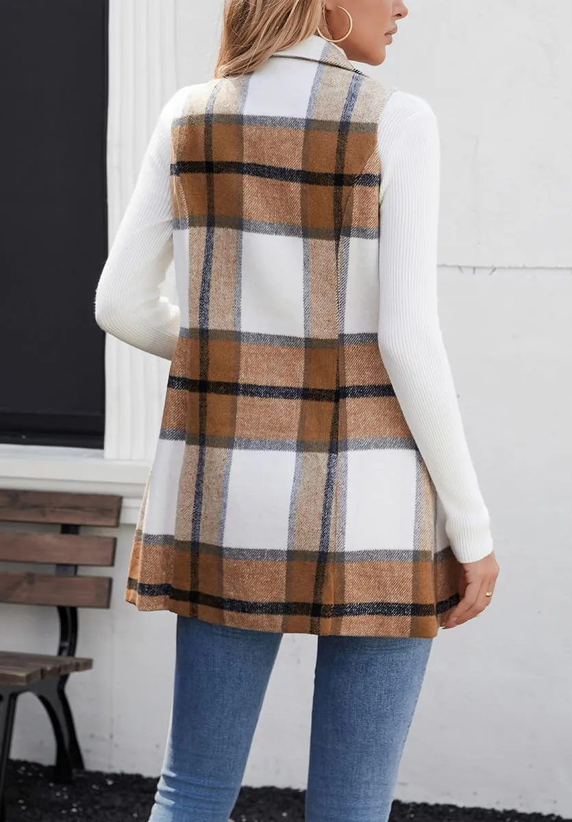 olrain Women Flannel Plaid Sleeveless Blazer Vest Lapel Neck Button Down Long Jacket Outwear Coat With Pockets Fall Winter