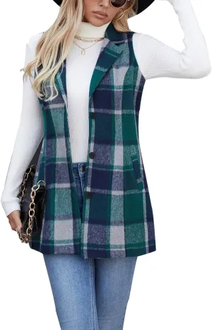 olrain Women Flannel Plaid Sleeveless Blazer Vest Lapel Neck Button Down Long Jacket Outwear Coat With Pockets Fall Winter