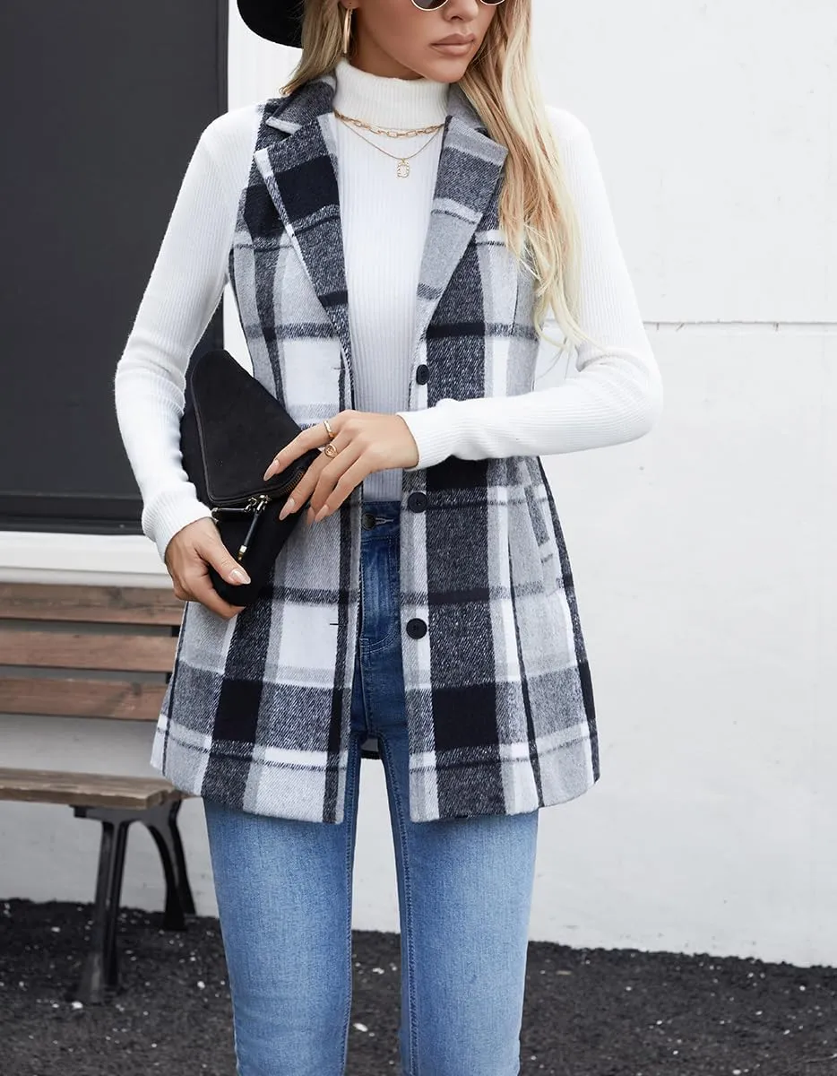 olrain Women Flannel Plaid Sleeveless Blazer Vest Lapel Neck Button Down Long Jacket Outwear Coat With Pockets Fall Winter