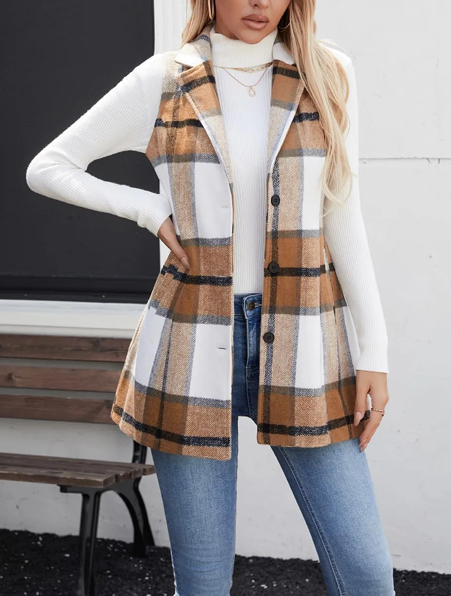 olrain Women Flannel Plaid Sleeveless Blazer Vest Lapel Neck Button Down Long Jacket Outwear Coat With Pockets Fall Winter