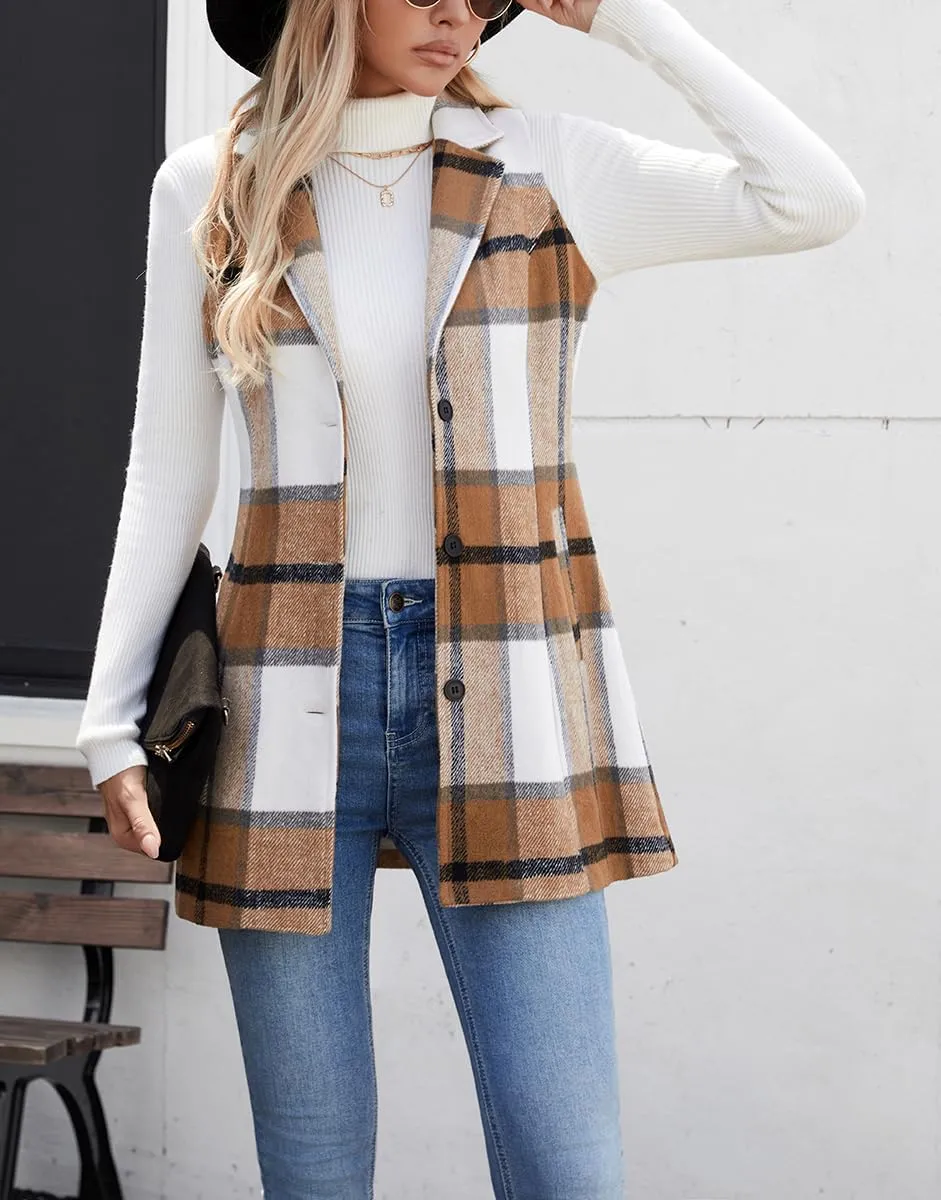 olrain Women Flannel Plaid Sleeveless Blazer Vest Lapel Neck Button Down Long Jacket Outwear Coat With Pockets Fall Winter