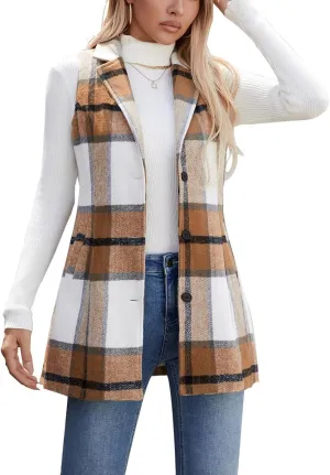 olrain Women Flannel Plaid Sleeveless Blazer Vest Lapel Neck Button Down Long Jacket Outwear Coat With Pockets Fall Winter