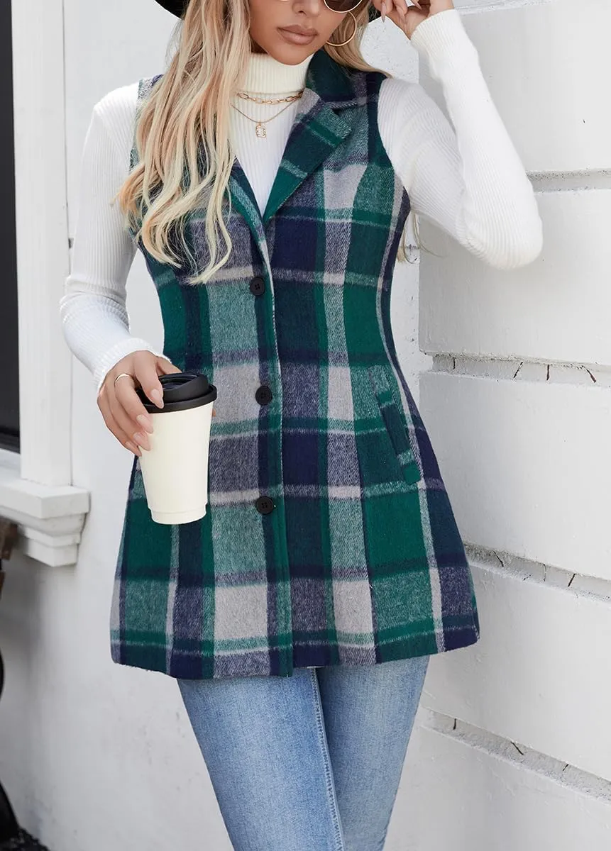 olrain Women Flannel Plaid Sleeveless Blazer Vest Lapel Neck Button Down Long Jacket Outwear Coat With Pockets Fall Winter
