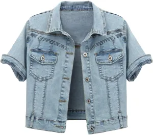 Omoone Women's Summer Short Sleeve Slim Crop Denim Trucker Jacket Jean Coat Tops