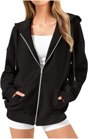 Oversized Full Zip Hoodies for Women Casual Long Sleeve Fall Y2K Sweatshirts Zipper Lightweight Loose Track Jackets