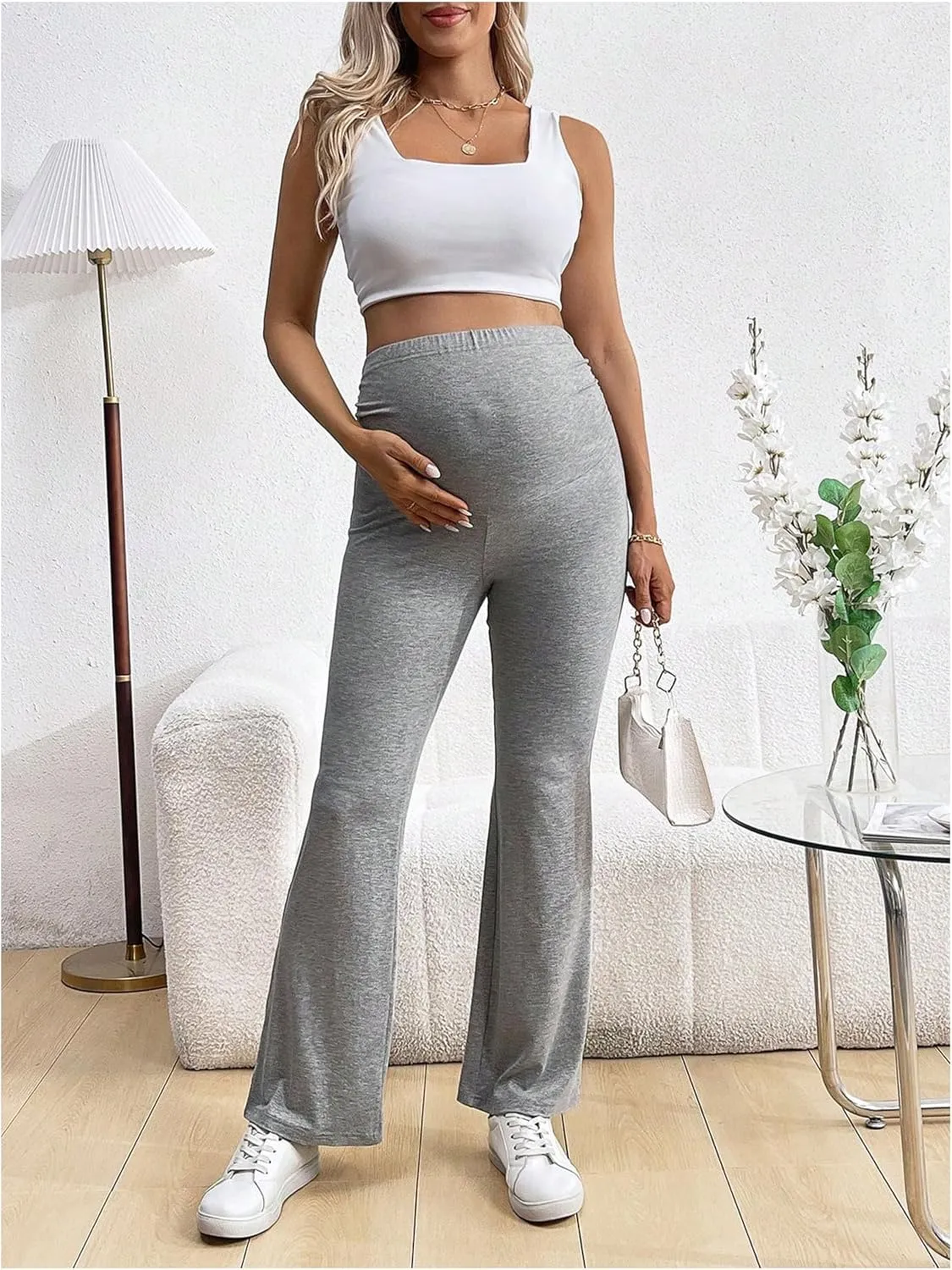 OYOANGLE Women's Maternity Elastic High Waist Flare Leg Pants Ruched Skinny Casual Trousers Bell Bottom