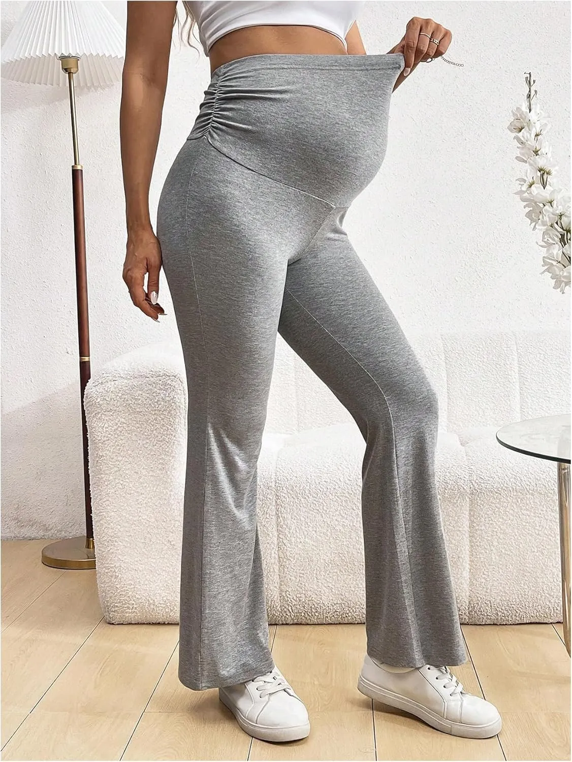 OYOANGLE Women's Maternity Elastic High Waist Flare Leg Pants Ruched Skinny Casual Trousers Bell Bottom