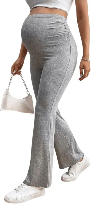 OYOANGLE Women's Maternity Elastic High Waist Flare Leg Pants Ruched Skinny Casual Trousers Bell Bottom
