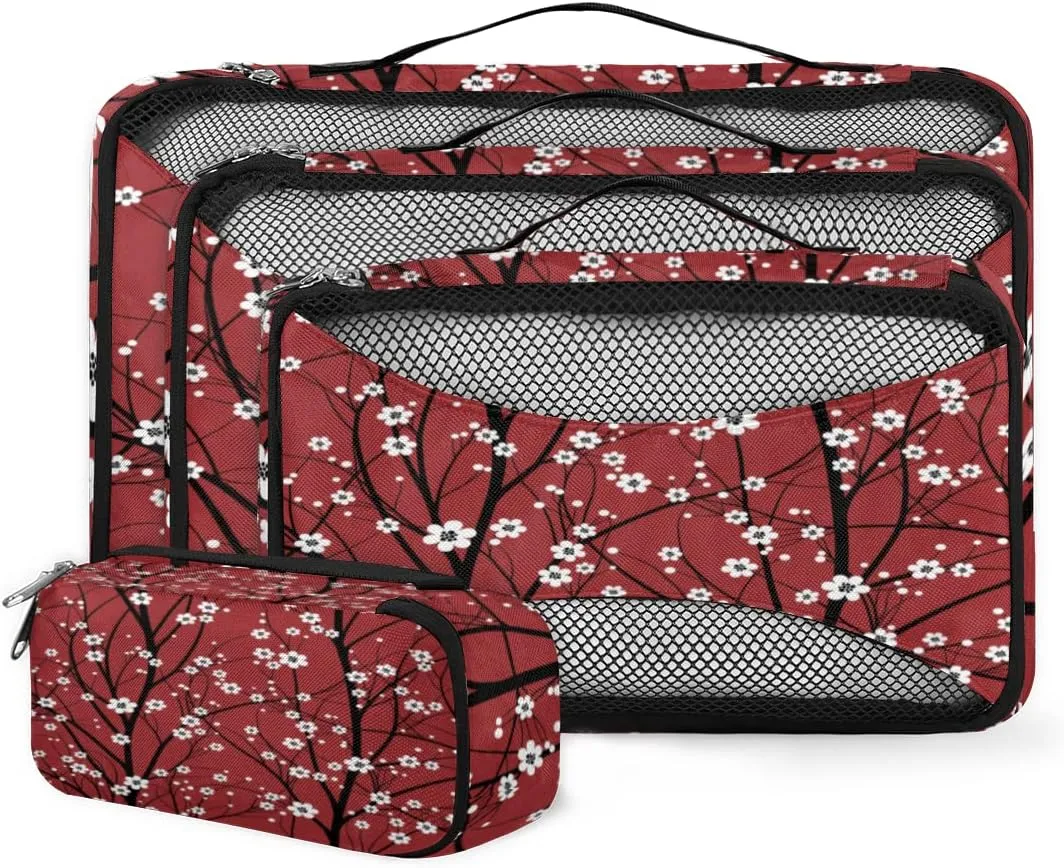 Packing Cubes 4 Pack Cherry Blossom Tree Travel Packing Bags Individual Carry on Suitcases Underwear Luggage Mesh Organizer Packing Cubes Set for Travel Bag Backpack