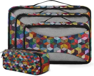 Packing Cubes 4 Pack Colorful Geometric Pattern Travel Packing Bags Individual Carry on Suitcases Underwear Luggage Mesh Organizer Packing Cubes Set for Travel Bag Backpack