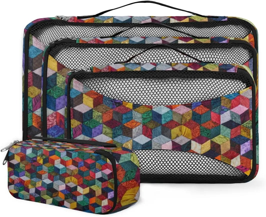 Packing Cubes 4 Pack Colorful Geometric Pattern Travel Packing Bags Individual Carry on Suitcases Underwear Luggage Mesh Organizer Packing Cubes Set for Travel Bag Backpack