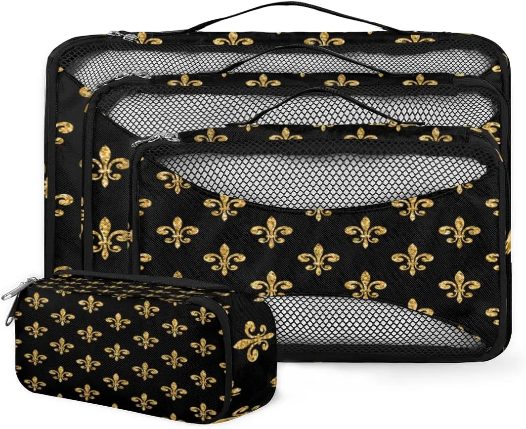 Packing Cubes 4 Pack Golden Fleur-De-Lis Pattern Travel Packing Bags Individual Carry on Suitcases Underwear Luggage Mesh Organizer Packing Cubes Set for Travel Bag Backpack