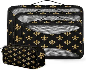 Packing Cubes 4 Pack Golden Fleur-De-Lis Pattern Travel Packing Bags Individual Carry on Suitcases Underwear Luggage Mesh Organizer Packing Cubes Set for Travel Bag Backpack