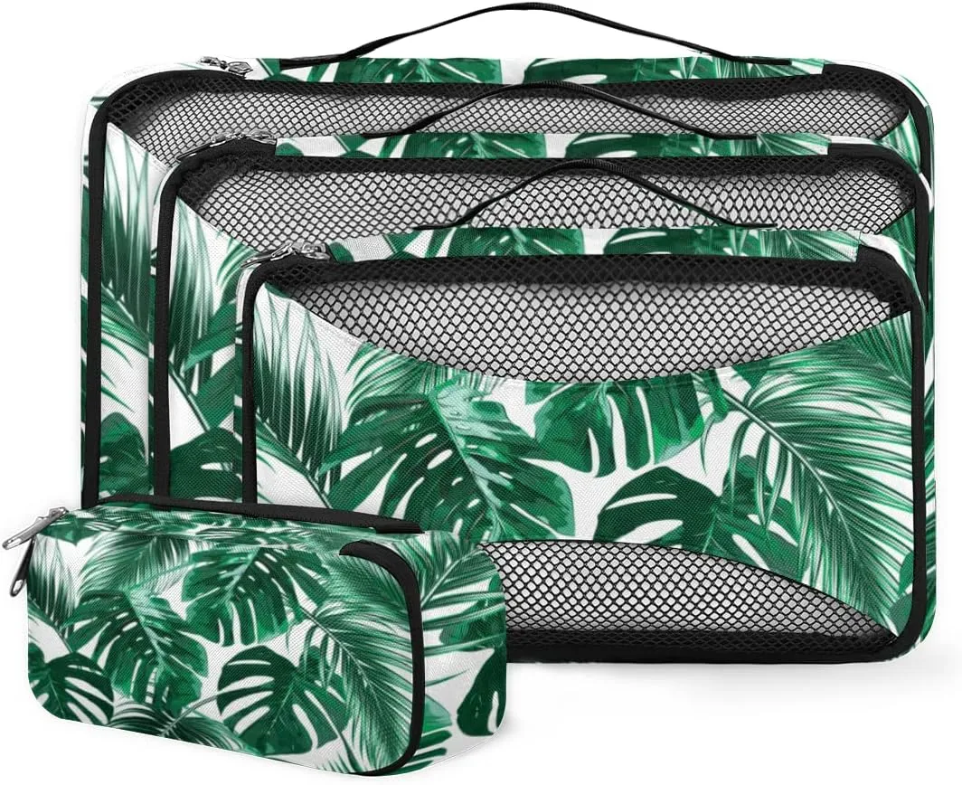 Packing Cubes 4 Pack Green Tropical Leaves Travel Packing Bags Individual Carry on Suitcases Underwear Luggage Mesh Organizer Packing Cubes Set for Travel Bag Backpack
