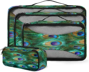 Packing Cubes 4 Pack Peacock Feathers Travel Packing Bags Individual Carry on Suitcases Underwear Luggage Mesh Organizer Packing Cubes Set for Travel Bag Backpack