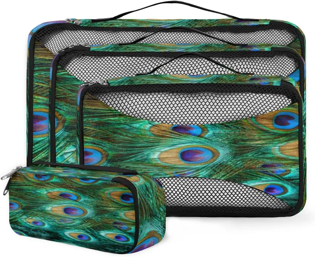 Packing Cubes 4 Pack Peacock Feathers Travel Packing Bags Individual Carry on Suitcases Underwear Luggage Mesh Organizer Packing Cubes Set for Travel Bag Backpack