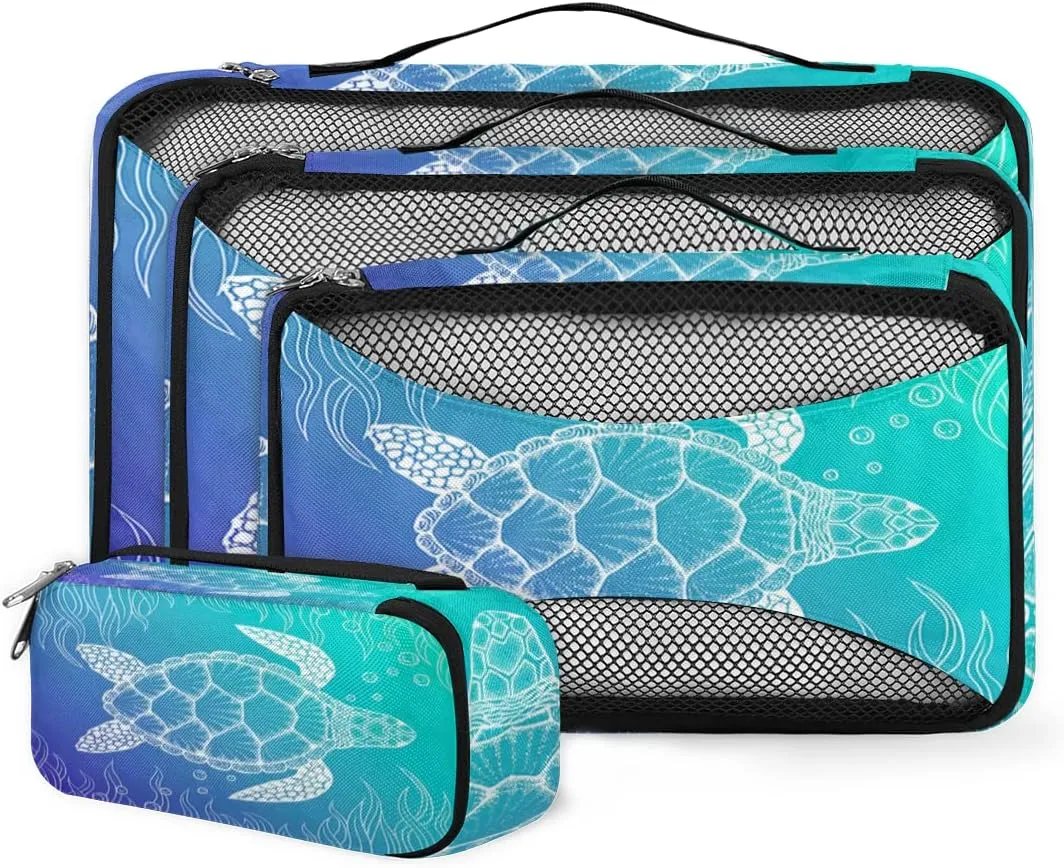 Packing Cubes 4 Pack Sea Turtle Art Painting Travel Packing Bags Individual Carry on Suitcases Underwear Luggage Mesh Organizer Packing Cubes Set for Travel Bag Backpack