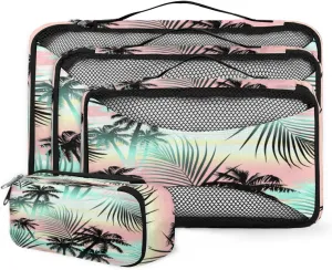 Packing Cubes 4 Pack Tropical Summer Palm Tree Pattern Travel Packing Bags Individual Carry on Suitcases Underwear Luggage Mesh Organizer Packing Cubes Set for Travel Bag Backpack